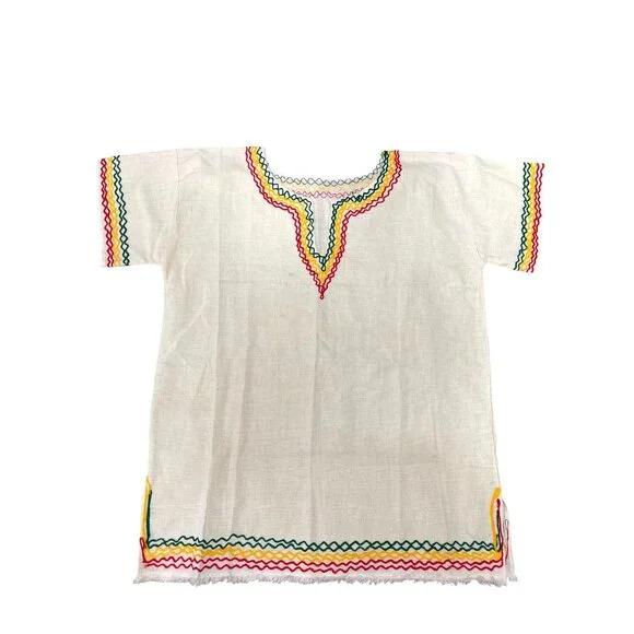 CCC Vintage Ethnic Unisex Top With Colorful Embroidery V Neck Beige Colorful Tri - Picture 2 of 6